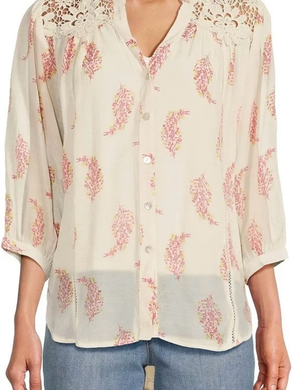 Figueroa & Flower Cream Floral Button-Down Blouse with Crochet Yoke Size L